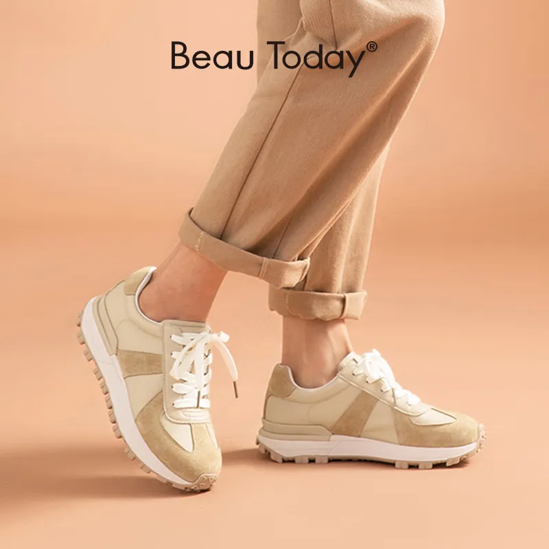 BeauToday Casual Sneakers Women Suede Leather Patchwork Mixed Colors Lace-Up Round Toe Platform Shoes Lady Flats Handmade 29130
